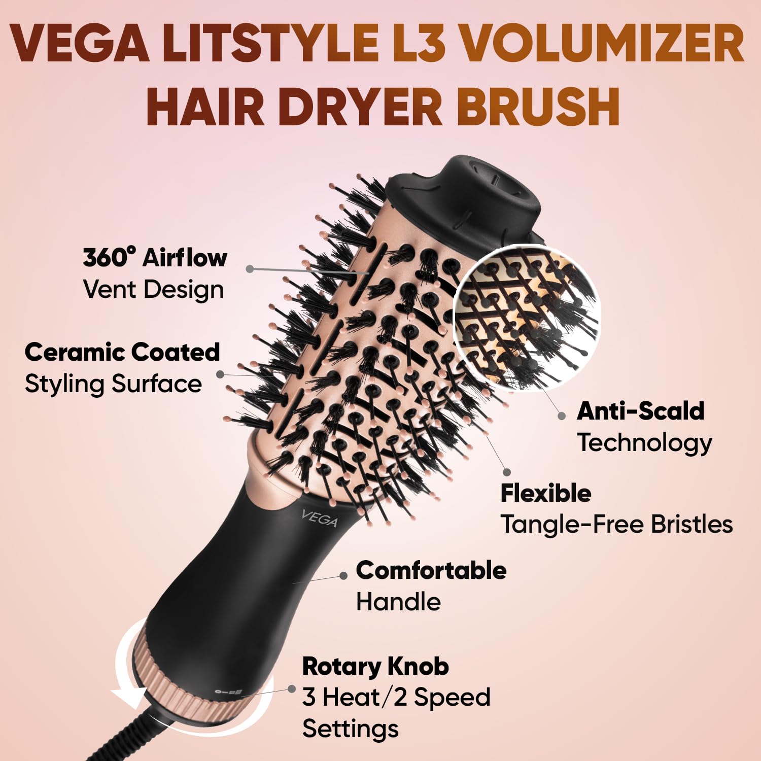 VEGA Litstyle L3 Volumizer Hair Blow Dryer Brush With 3 Heat/2 Speed Settings,360° Airflow Vent,3 in 1 Compact Hot Air Brush For Women,Tourmaline Ceramic Coated Barrel 500 Watts,(VHSD-03),Multicolour - Image 2
