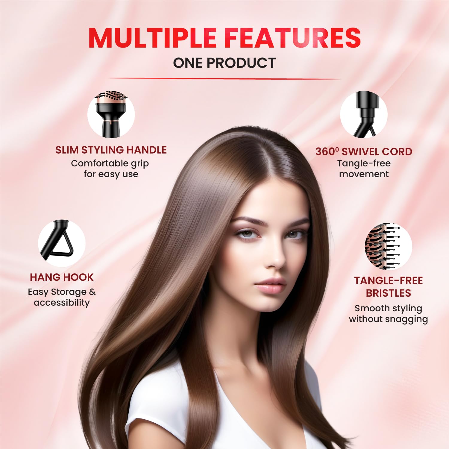 Urban Yog MakeMeeBold Hot Air Brush|2-in-1 Hair Dryer & Straightener with 3 Temp & 2 Speed Settings, 360° Airflow Vents, PTC Fast Heating, Ceramic Plates, Auto Shut-Off,Tangle-Free Bristles,1200 Watt - Image 2