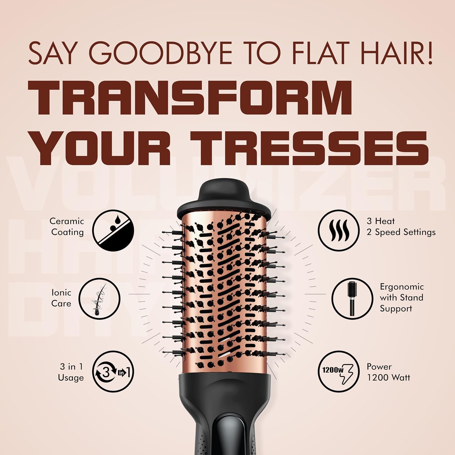 Havells HD4081 Professional Volumizer Hair Dryer, KeraNourish Ceramic Coating Brush Head, 1200 Watts, Ionic Care, Nylon Bristles,Cool Tip with Stand Support - Image 2